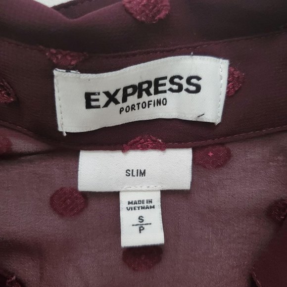 Express Women's Wine Red Slim Dotted Sheer Roll Tab Sleeve Portofino Shirt S/P - Picture 6 of 15